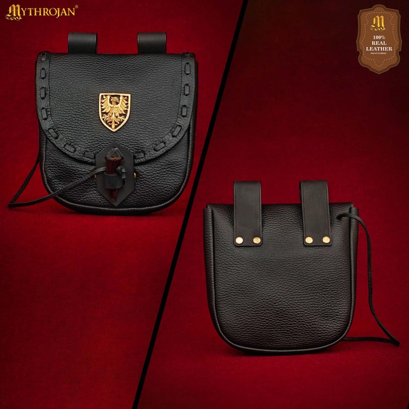 Mythrojan Leather Belt Pouch Medieval Genuine Leather Waist Bag with Brass Raven Decoration, Viking Belt Coin Purse Vintage Renaissance Bag for Larp, Fantasy Events, Ren Faire, Halloween â€“ Black - Image 3